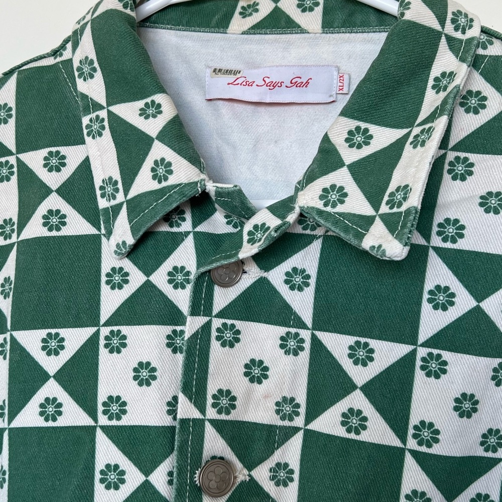 Lisa Says Gah Green and White Checker Floral Utility Jacket - Picture 3 of 5